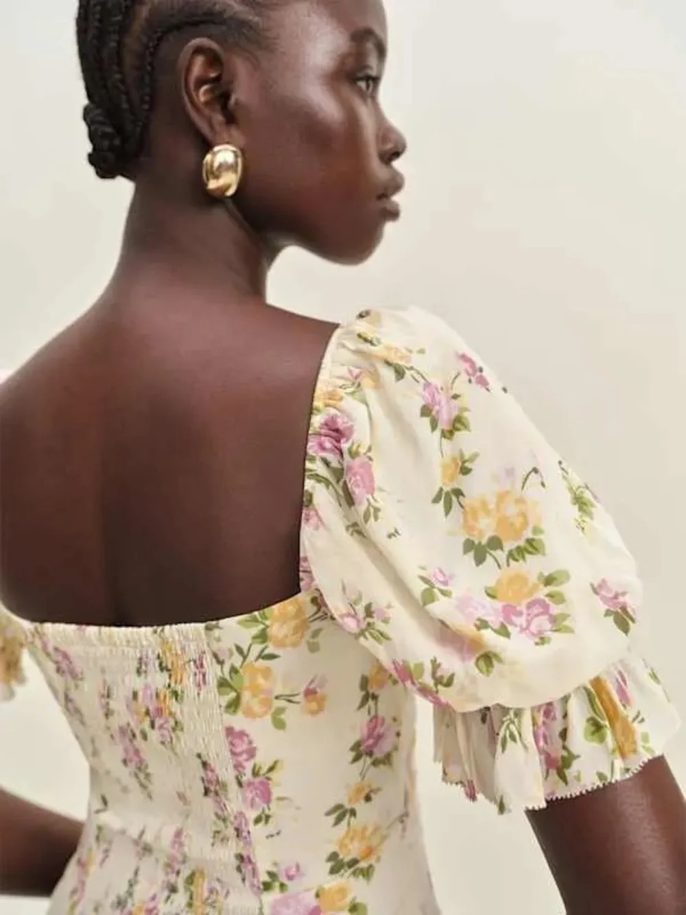 Reformation Marin Cream Floral Square-Neck Puff Sleeve Top